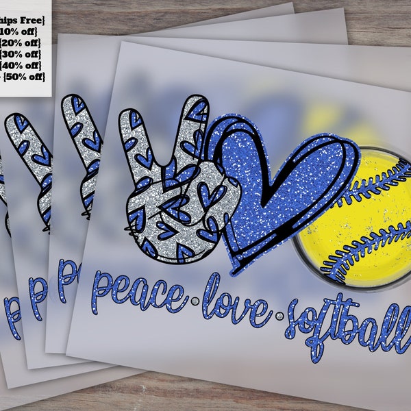 Blue Glitter Softball Design for Heat Transfer and DTF, Peace Love Softball Press Ready
