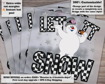 Let It Snow Embroidery Style Glitter Christmas - Retro Snowman Design - For Heat Transfer, DTF, Ready to Press