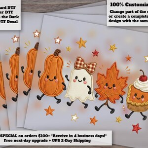 May include: A set of DTF decals featuring cartoon characters including an orange pumpkin, a white ghost with a brown plaid bow, an orange maple leaf, and a pumpkin pie slice with whipped cream and a cherry, all surrounded by small stars.