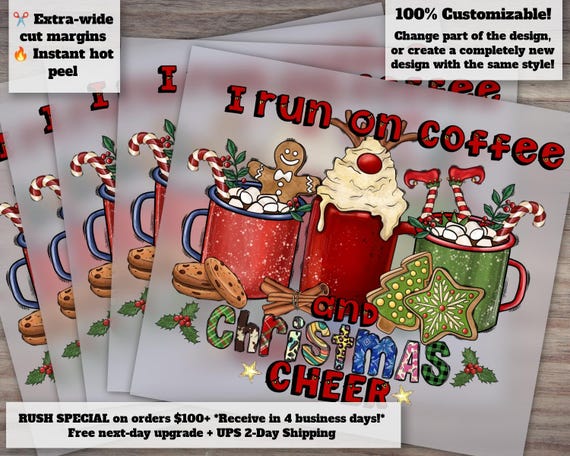 Coffee Lover's Christmas Cheer Design, Seasonal Winter Hot Chocolate Drink, Heat Transfer DTF, Ready-to-Press