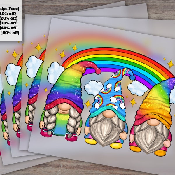 Hand Drawn Rainbow Gnomes Design for Heat Transfer, DTF Ready to Press - Cute and Colorful Gnome Artwork