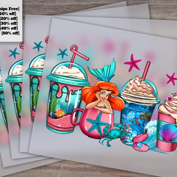 Little Mermaid Coffee Cup Design, Ready-to-Press Heat Transfer Merch, DTF, Mermaid Pattern for Sublimation, Special Design for Mugs