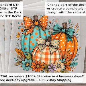 Floral Fall Pumpkin DTF Transfer | Preppy Coquette Pumpkin Bow Retro Autumn Flowers Cute Pumpkin Patch