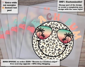 Vintage Leopard Smiley Face Summer Design for Shirt Press, Heat Transfer, DTF, Retro Beach Bum Theme
