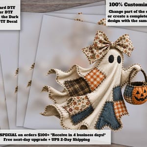 Denim Patchwork Ghost DTF Transfer - Floral Bow Halloween Ghost Ready to Press Heat Transfer for Shirts