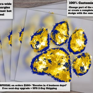 Navy Gold Paw Distress Splatter Patch - Grunge Painted, Perfect for Bulldogs, Cougars, Lions, Tigers, Wildcats, Heat Transfer and DTF Ready.