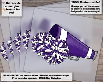 Purple and White Hand Drawn Cheerleader Design - Team Spirit Heat Transfer, Ready to Press, DTF Art for Cheer Gear