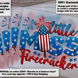 Little Miss Firecracker 4th of July Design, American Flag and Miss America Theme, Independence Day Heat Transfer for DTF, Ready to Press 画像 1