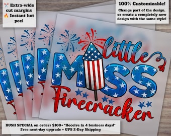 Little Miss Firecracker 4th of July Design, American Flag and Miss America Theme, Independence Day Heat Transfer for DTF, Ready to Press