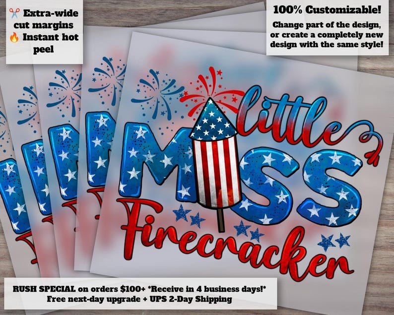 Little Miss Firecracker 4th of July Design, American Flag and Miss America Theme, Independence Day Heat Transfer for DTF, Ready to Press 画像 1