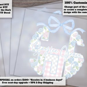 May include: A personalized decal design featuring the name "Saylee Grace" in a script font, with a floral and gingham pattern. The design includes a blue bow and is customizable. The text reads "Standard DTF, Glitter DTF, Glow in the Dark & UV DTF Decal."