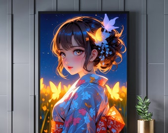 Verzauberter Abend: Magisches Anime-Mädchen mit Schmetterlingen, digitaler Kunstdruck, sofortiger Download, Anime 6