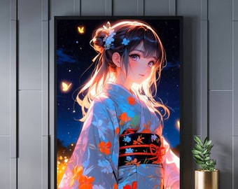Sternennachtstraum - Bezauberndes Anime-Mädchen mit Blumen - Hochwertiger Digitaldruck Anime 8