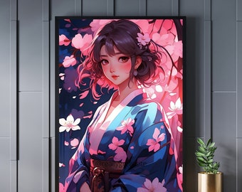 Digital Anime Art: High-Res  Kimono Girl Print for Manga Fans, Instant Download 1