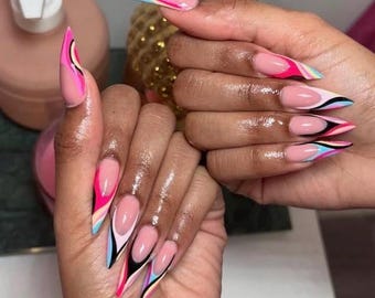 Pucci inspired Swirl French Tip Press On Nails | Abstract Acrylic Nail Set | Long Stiletto Nails | Trendy Nail Design | Handmade Nails
