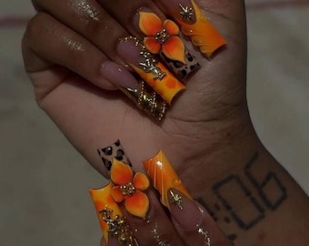 Orange 3D Flower Press On Nails, Leopard Print Nails, Gold Charm Nails, Fall Nails, Long Acrylic Nails, Luxury Nails