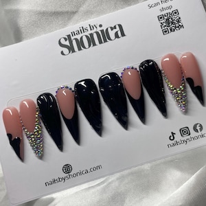 Black 3D Swirl Press On Nails | Bling French Tip Nails | Textured Black Nails with Rhinestones | Luxury Handmade Nail Set, press on nails