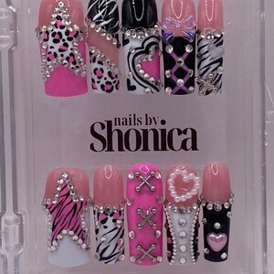 Y2K press on nail set pink nails heart nails rhinestone press ons zebra print nails, cheetah nails, white pink black nails, square press ons