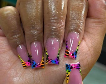Neon Leopard French Tip Press On Nails, Colorful Animal Print Nails, Summer Nails, Square Nails, Trendy Press Ons, Lisa Frank nails
