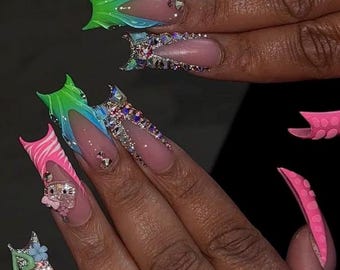 Neon Press On Nails, Bling Nails, Colorful Acrylic Nails, Rhinestone Nails, Long Statement Nails, Luxury Press Ons, Summer Nails