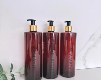 Personalised Translucent Amber Tubular 500ml Plastic Bottle With Pump / Reusable, Refillable / Bathroom, Shampoo, Conditioner, Body Wash etc