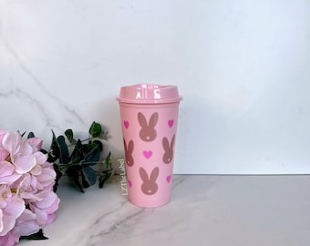 Easter Bunny & Hearts Starbucks Style 16oz 470ml Coffee Cup with Lid / Tumbler / Reusable / Refillable / Hot / Travel Mug / Kid’s Gift /