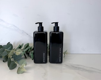 Personalised Black Square 500ml Plastic Embossed Label Bottle With Pump / Reusable, Refillable / Bathroom / Shampoo, Conditioner, Body Wash