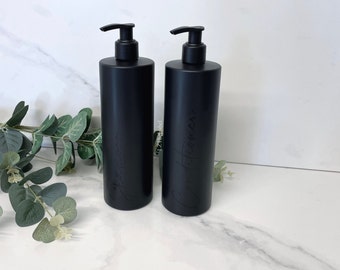 Personalisierte schwarz matt 500ml Plastikflasche mit Auswahl an Pump / wiederverwendbar, nachfüllbar / Badezimmer / Shampoo, Conditioner, Toilettenartikel usw