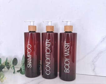 Personalised Translucent Amber Tubular 500ml Plastic Bottle With Pump / Reusable, Refillable / Bathroom, Shampoo, Conditioner, Body Wash etc