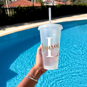 Personalised Initial and Name Clear Frosted Starbucks Style 24oz 710ml Cold Cup with Straw & Lid / Tumbler / Reusable / Refillable / Drink
