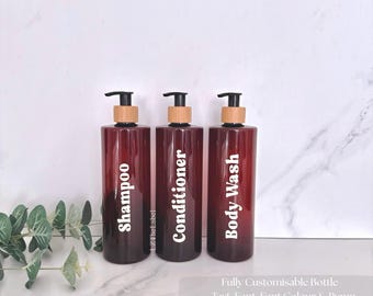 Personalised Translucent Amber Tubular 500ml Plastic Bottle With Pump / Reusable, Refillable / Bathroom, Shampoo, Conditioner, Body Wash etc