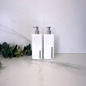 Personalised White Square 500ml Plastic Embossed Label Bottle With Pump / Reusable, Refillable / Bathroom / Shampoo, Conditioner, Body Wash