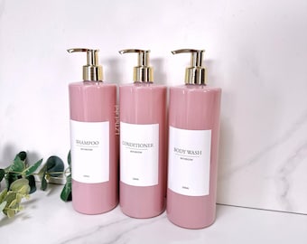Personalised White Label Pink Tubular 500ml Plastic Bottle with Choice of Pump / Reusable, Refillable / Bathroom / Shampoo, Conditioner etc