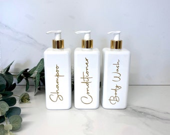 Personalisierte weißes Quadrat 500ml Plastikflasche mit Pumpe / wiederverwendbar, nachfüllbar / Badezimmer / Shampoo, Conditioner, Körperwäsche etc