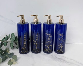 Personalised Translucent Blue Tubular 500ml Plastic Bottle With Pump / Reusable, Refillable / Bathroom / Shampoo, Conditioner, Body Wash etc