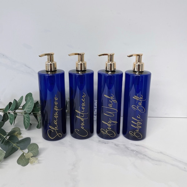 Personalised Translucent Cobalt Blue 500ml Plastic Bottle With Pump / Reusable, Refillable / Bathroom / Shampoo, Conditioner, Body Wash etc