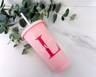 Personalised Initial and Name Pink Starbucks Style 24oz 710ml Cold Cup with Straw & Lid / Tumbler / Reusable / Refillable / Drink Cup