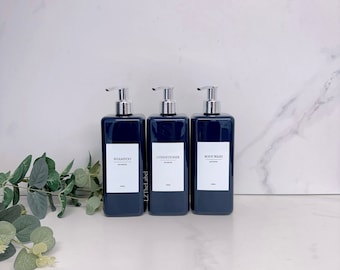 Personalised White Label Navy Square 500ml Plastic Bottle With Pump // Reusable, Refillable / Bathroom /  Shampoo, Conditioner, Body Wash