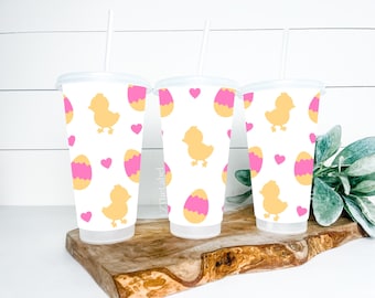 Easter Design Starbucks Style 24oz 710ml Cold Cup with Straw & Lid / Tumbler / Reusable / Refillable / Drink / Kid’s Gift / Egg / Chick