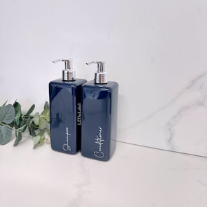 Personalised Navy Square 500ml Plastic Bottle With Choice of Pump / Reusable, Refillable / Bathroom / Shampoo, Conditioner, Toiletries etc