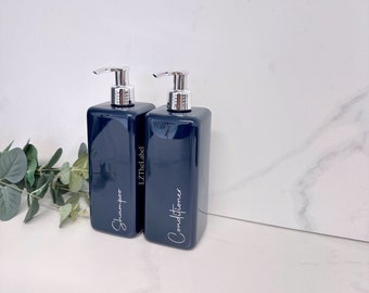 Personalised Navy Square 500ml Plastic Bottle With Choice of Pump / Reusable, Refillable / Bathroom / Toiletries, Shampoo, Conditioner etc