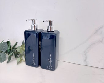Personalised Navy Square 500ml Plastic Bottle With Choice of Pump / Reusable, Refillable / Bathroom / Shampoo, Conditioner, Toiletries etc