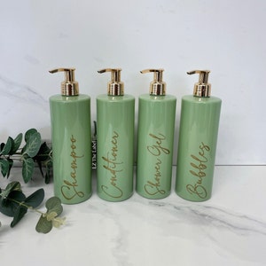 Personalised Sage Green 500ml Plastic Bottle With Choice of Pump / Reusable, Refillable / Bathroom / Shampoo, Conditioner, Toiletries etc