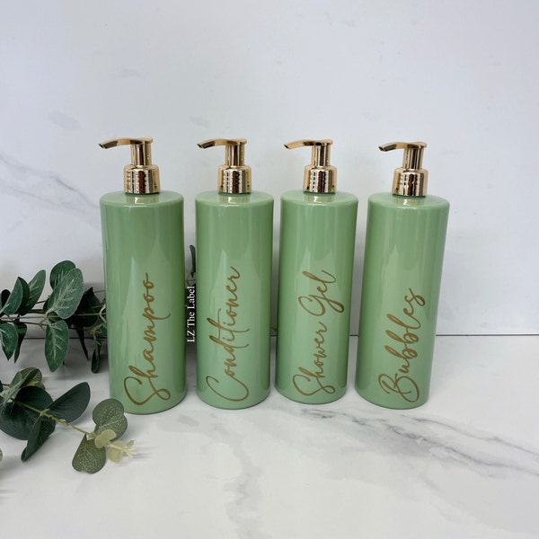 Personalised Sage Green 500ml Plastic Bottle With Pump / Reusable, Refillable / Bathroom / Toiletries, Shampoo, Conditioner, Body Wash etc