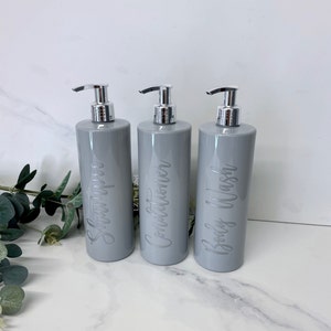 Personalised Grey 500ml Plastic Bottle With Pump / Reusable, Refillable / Bathroom / Toiletries / Shampoo, Conditioner, Body Wash etc