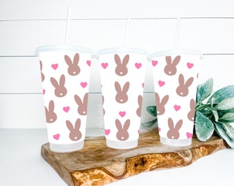 Easter Bunny and Hearts Starbucks Style 24oz 710ml Cold Cup with Straw & Lid / Tumbler / Reusable / Refillable / Drink Cup / Kid’s Gift