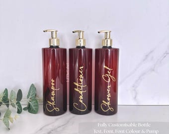 Personalised Translucent Amber Tubular 500ml Plastic Bottle With Pump / Reusable, Refillable / Bathroom, Shampoo, Conditioner, Body Wash etc