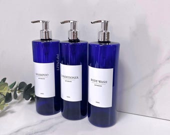 Personalised White Label Translucent Blue Tubular 500ml Plastic Bottle with Pump / Reusable, Refillable / Bathroom, Shampoo, Conditioner etc