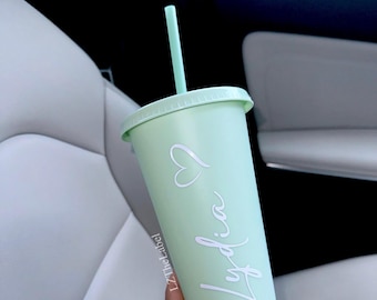 Personalised Name &Heart Mint Green Starbucks Style 24oz 710ml Cold Cup Straw and Lid / Tumbler / Reusable / Refillable / Drink Cup / Gift