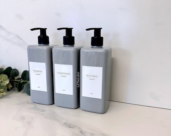 Personalised White Label Grey Square 500ml Plastic Bottle With Pump // Reusable, Refillable / Bathroom /  Shampoo, Conditioner, Body Wash
